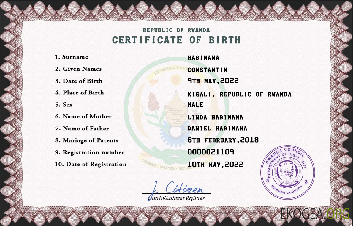 Modèle PSD de certificat de naissance du Rwanda